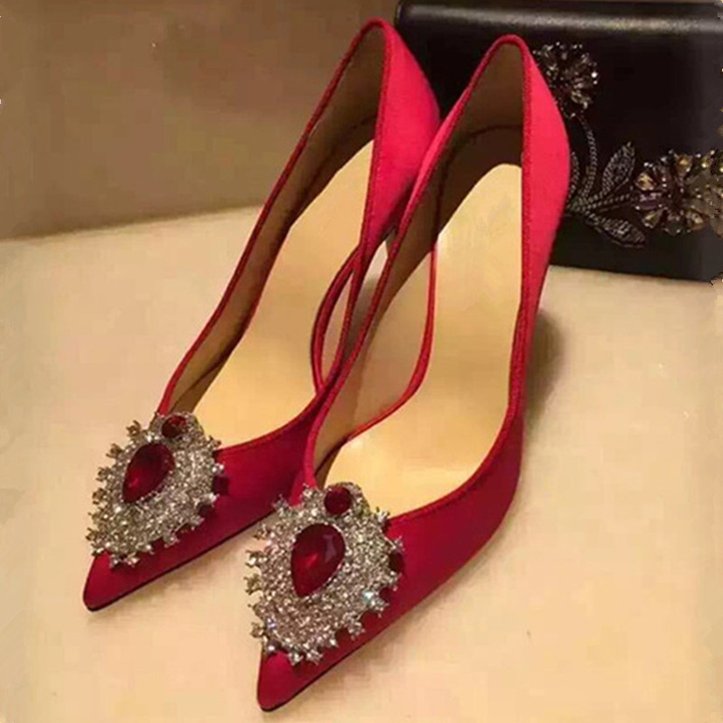 Rhinestone Pointed Toe High Heels Wedding Red Silk And Satin Shallow Mouth Women's Shoes - Image 9