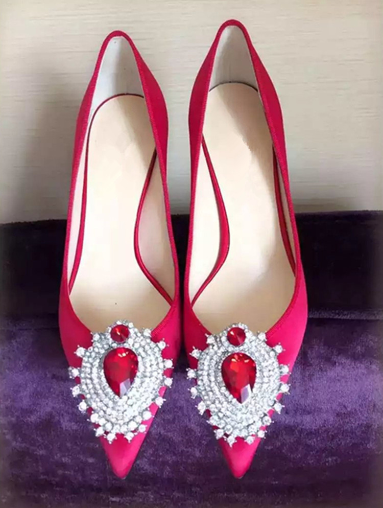 Rhinestone Pointed Toe High Heels Wedding Red Silk And Satin Shallow Mouth Women's Shoes - Image 3