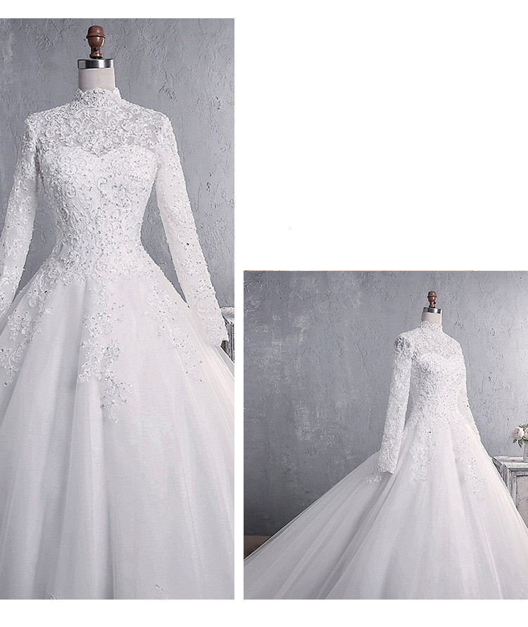 Lace Wedding Dress Bridal Stand-up Collar Long-sleeved Large Tail Large Size - Image 4