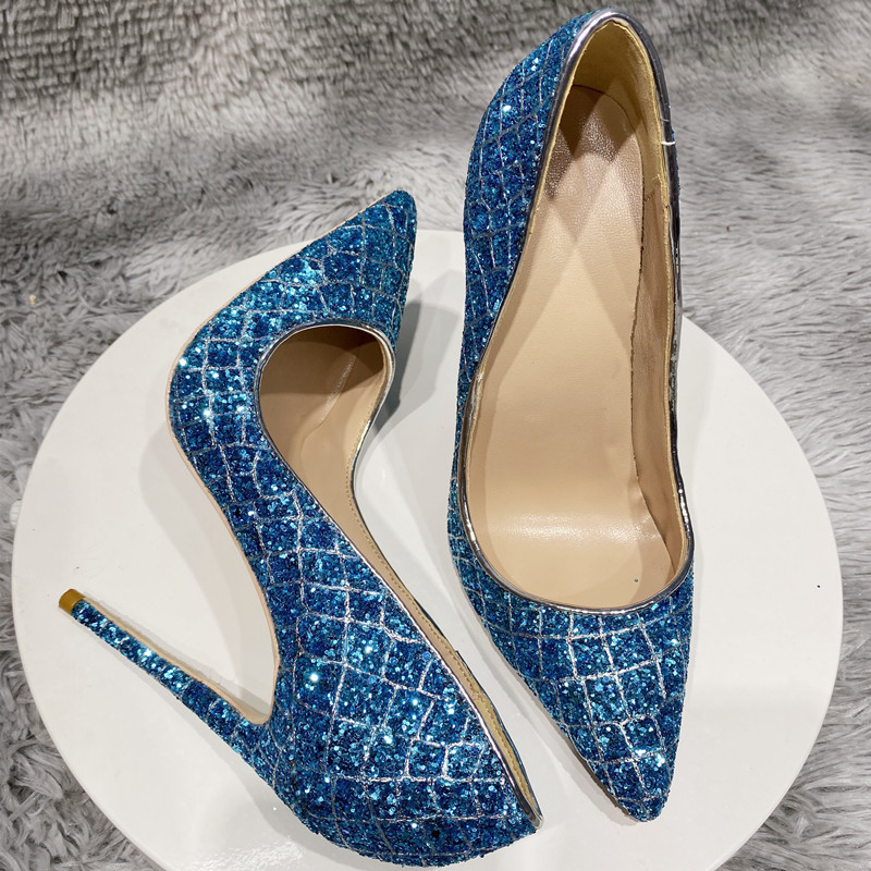 Blue Sequined High Heel Wedding Shoes Everyday - Image 6