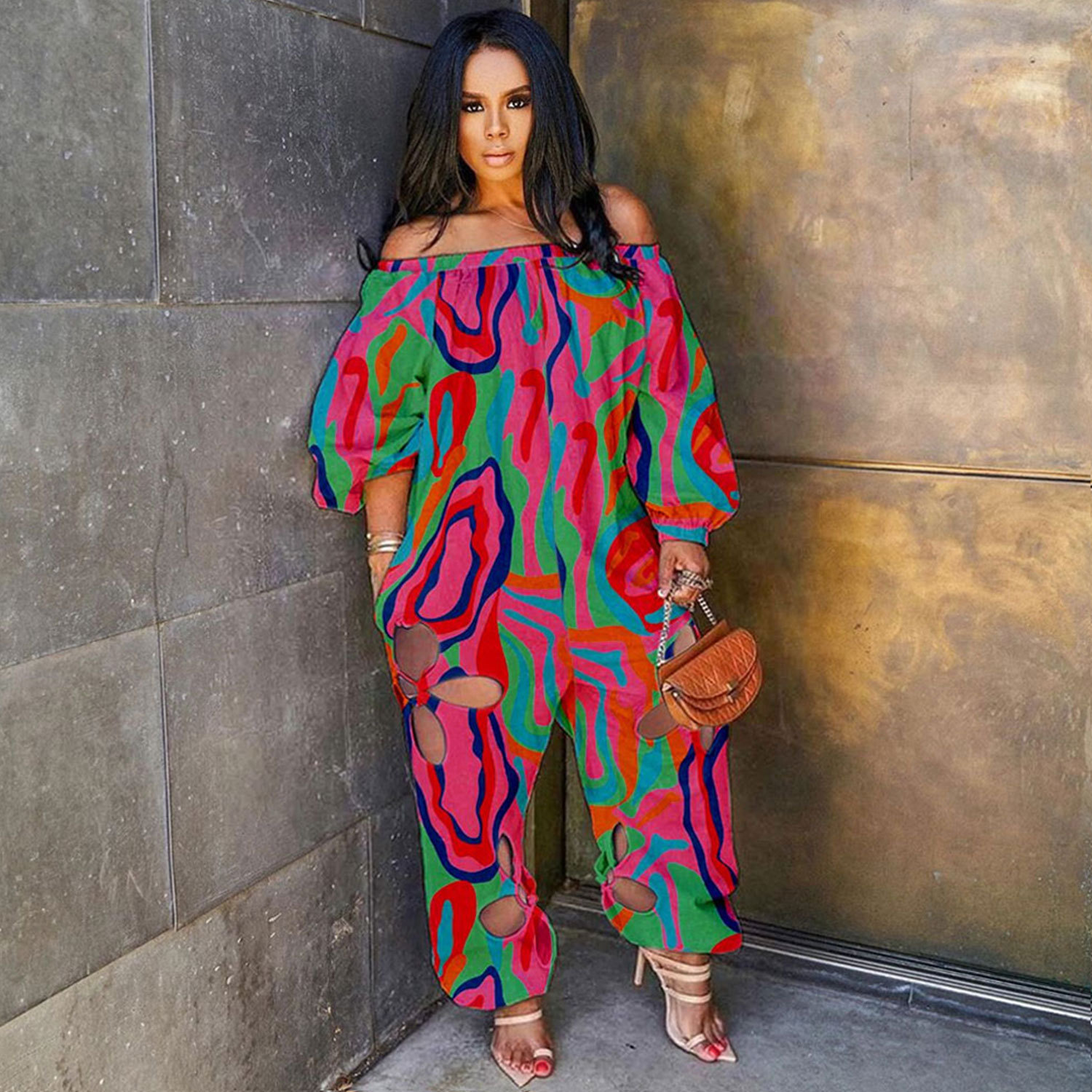 Sexy Slim Backless Crocheted Floral Print Plus Size Jumpsuit - Image 2