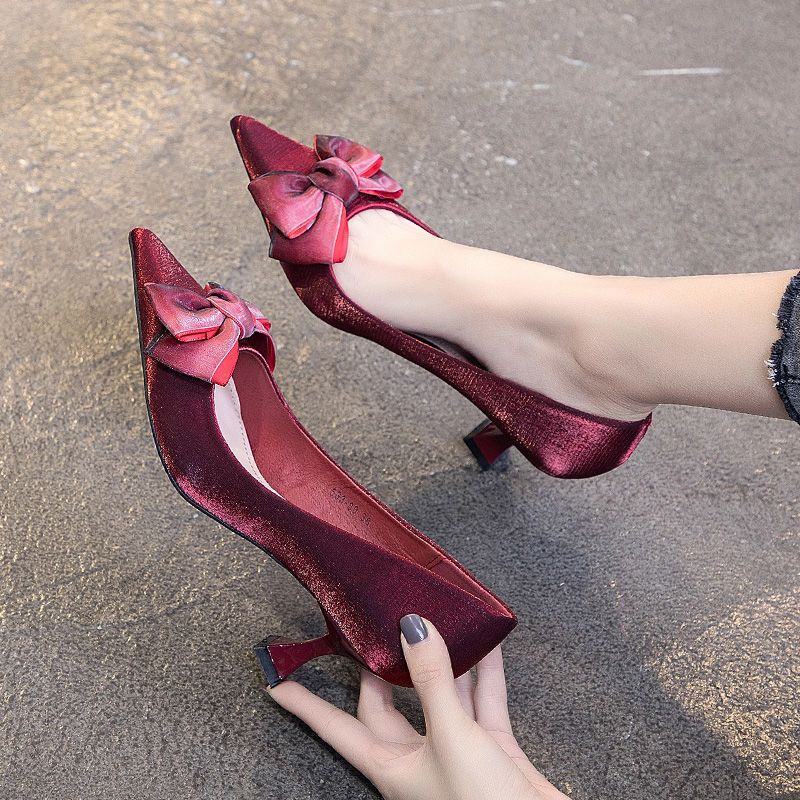 Fashion Bow Pointed Single Shoes Red Wedding Shoes - Image 8