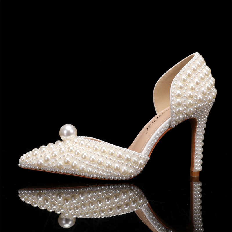 Women's Low-cut Pointed-toe Stilettos Pearl Wedding Shoes - Image 5