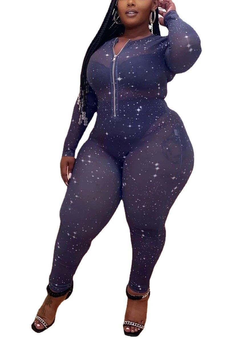 Hot Sale Sheer Temptation Printed Mesh Plus Size Jumpsuit - Image 4